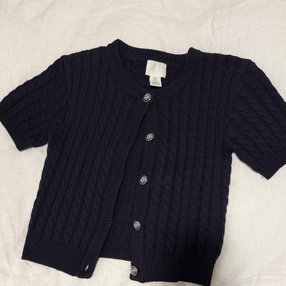 H&M Short Sleeve Ribbed Button Cardigan - Dark Blue